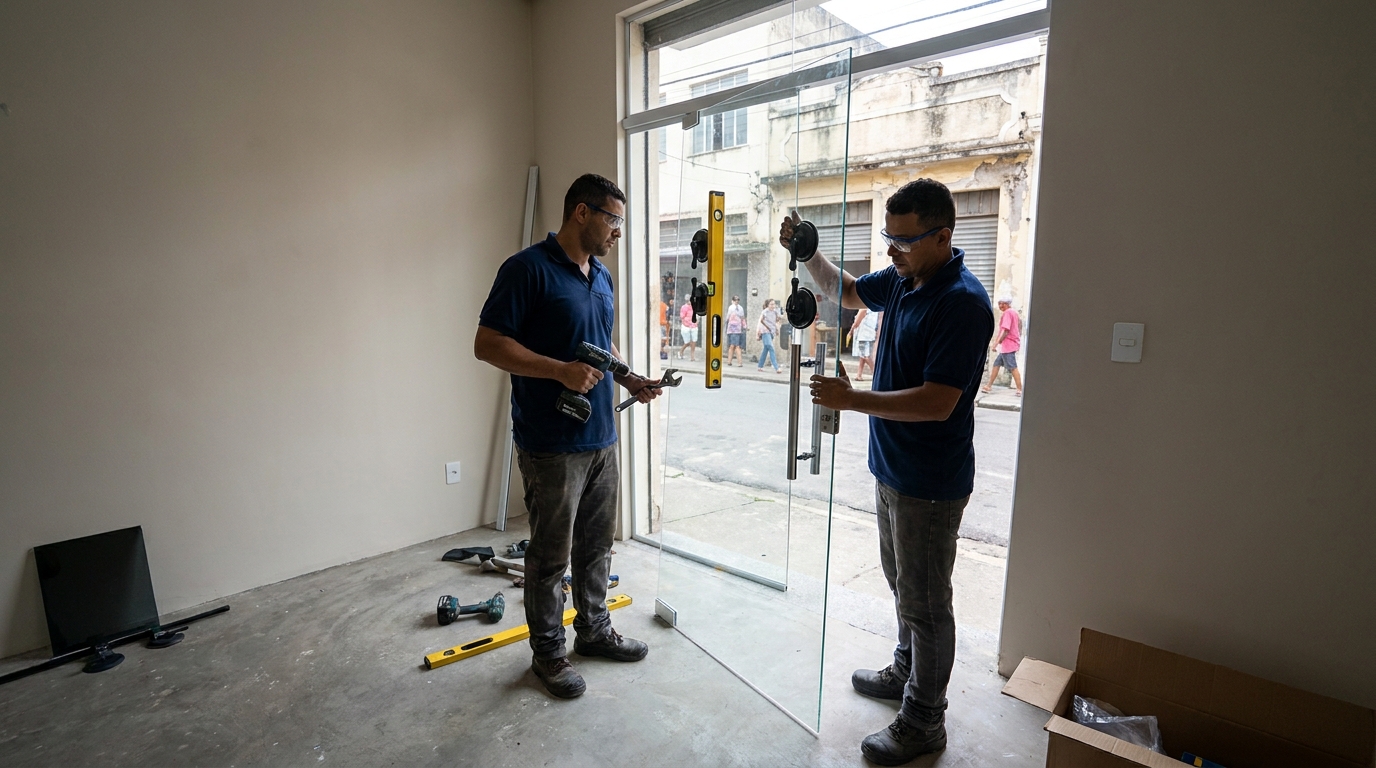 Porta de vidro pronta em comércio em Maceió-AL